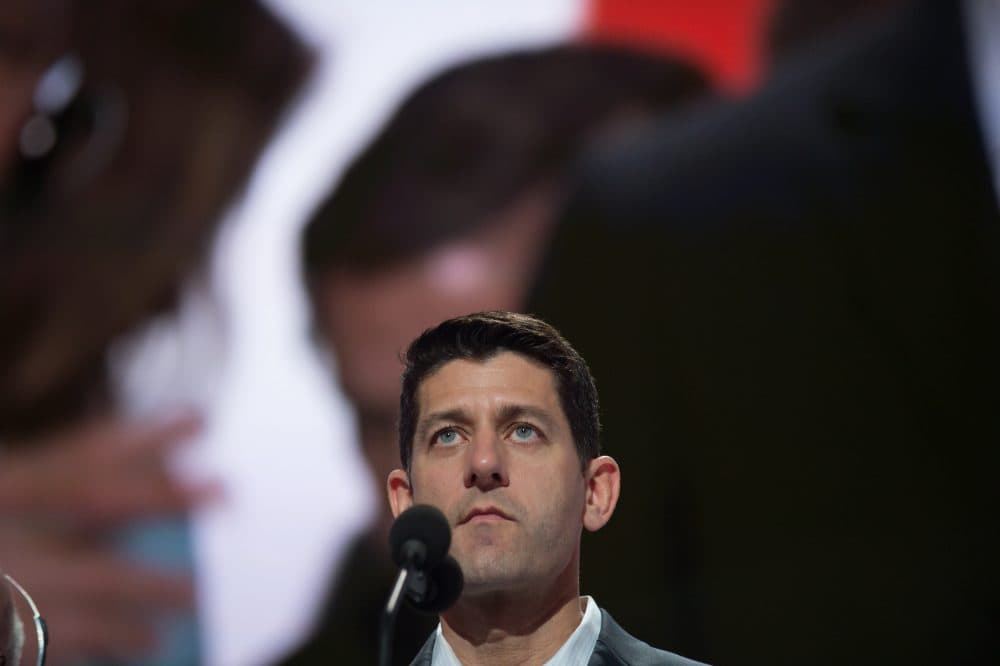 Speaker of the House Paul Ryan checks the sound and the view from the podium the day before the start of the Republican National Convention at the Quicken Loans Arena in Cleveland, Ohio on July 17, 2016. (Jeff Swensen/Getty Images)