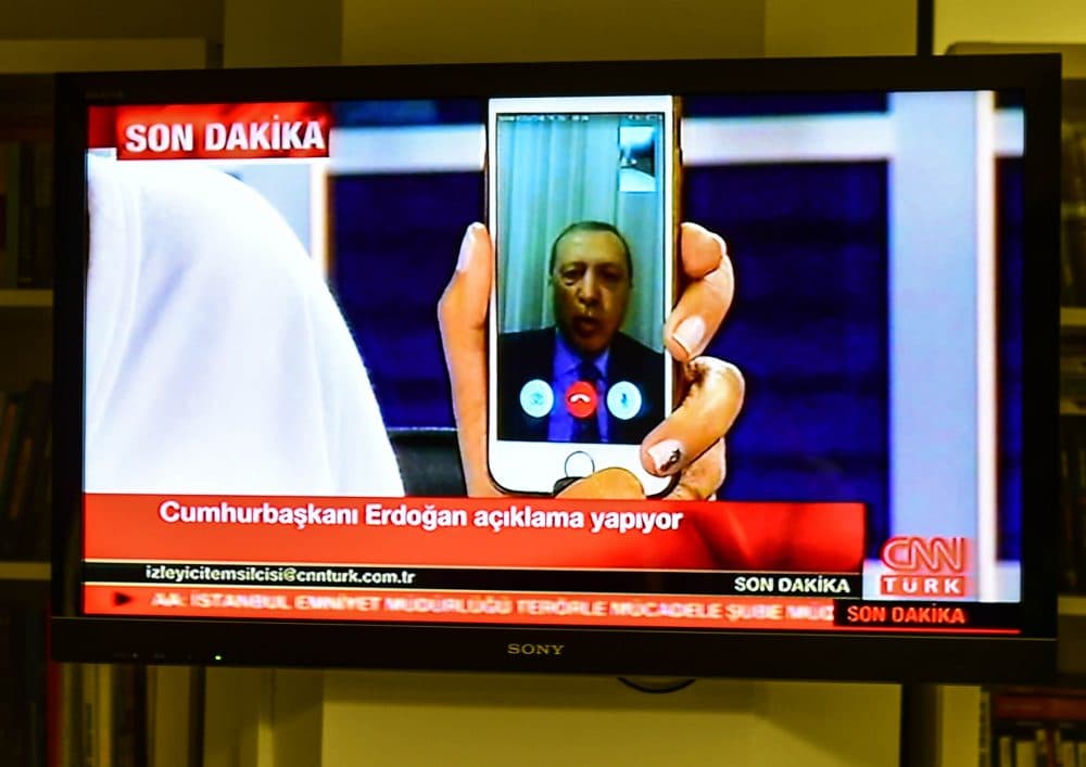 Turkish President Recep Tayyip Erdogan speaks on CnnTurk via facetime call in the early morning hours of July 16, 2016 in Istanbul, Turkey. (Burak Kara/Getty Images)
