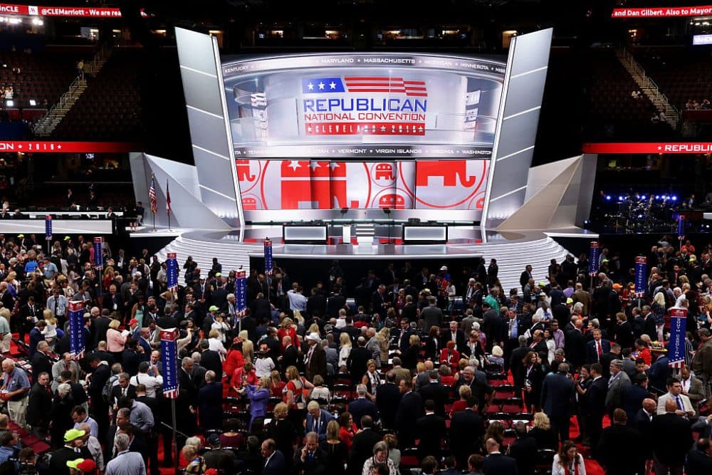 The stage is left empty after Republican National Committee Chairman Reince Priebus left the stage during protests on the floor on the first day of the Republican National Convention on July 18, 2016 at the Quicken Loans Arena in Cleveland, Ohio. (Alex Wong/Getty Images)