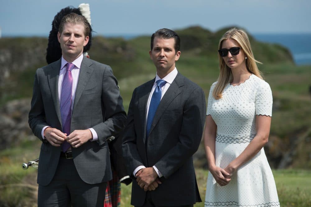 The children of Donald Trump, Ivanka Trump (R), Donald Trump Jr. (C) and Eric Trump, listen as their father delivers a speech at the official opening of his Trump Turnberry hotel and golf resort in Turnberry, Scotland on June 24, 2016. (OLI SCARFF/AFP/Getty Images)