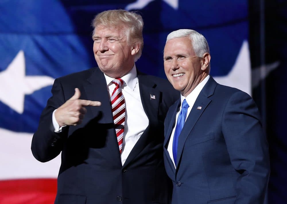 Republican presidential candidate Donald Trump with his VP pick Indiana Gov. Mike Pence during the third day at the RNC. (Mary Altaffer/AP)