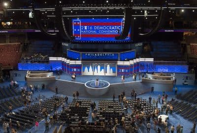 Workers prepare the stage at the Democratic National Convention at the Wells Fargo Center in Philadelphia, Pennsylvania, July 24, 2016. (Saul Loeb/AFP/Getty Images)