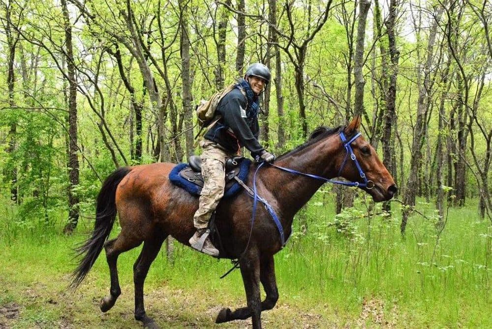 Tim Finley, a captain in the U.S. Air Force, riding his horse, Honor. Finley is competing in this year's Mongol Derby, an equestrian endurance race. (Courtesy of Tim Finley via Facebook)