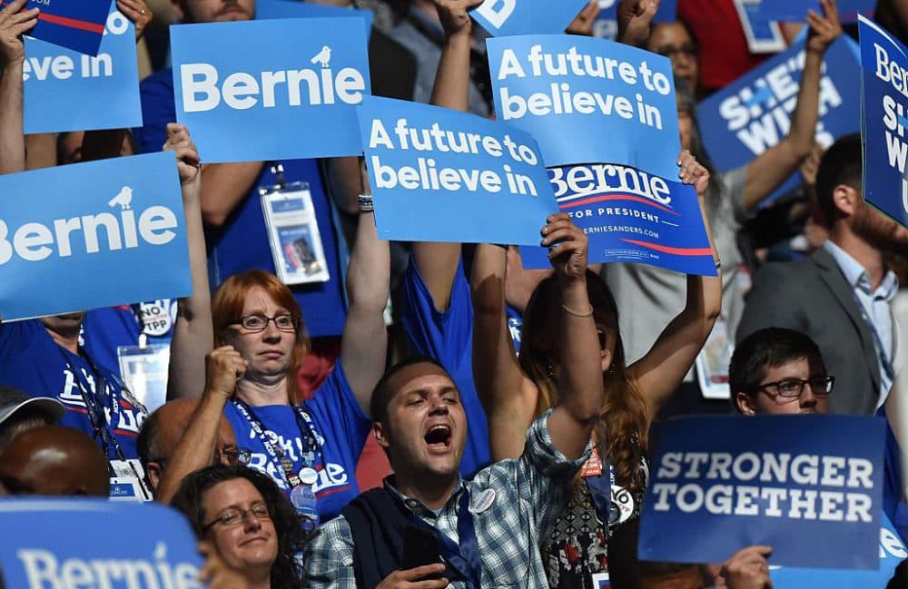 Supporters of Vermont Senator and former Democratic presidential candidate Bernie Sanders cheer on Day 1 of the Democratic National Convention at the Wells Fargo Center in Philadelphia, Pennsylvania, July 25, 2016. (Nicholas Kamm /AFP/Getty Images)