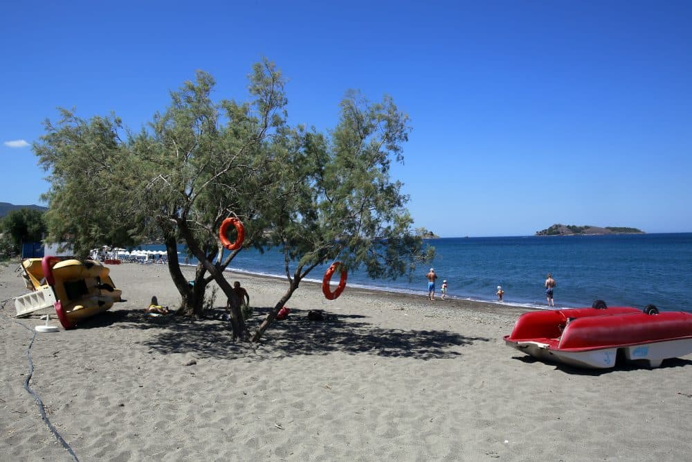 Old life preservers hang from a tree as tourists enjoy the water on an almost empty beach in Petra town on July 20, 2016 on Lesvos island  Greece. The increase in refugees arriving on the island of Lesvos last year has seriously effected tourism, with the number of tourists falling more than 70% this year so far. (Milos Bicanski/Getty Images)