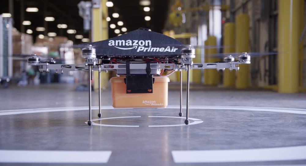 An Amazon Prime Air drone. The American company announced a partnership with the British government to test unmanned drones for delivering Amazon packages. (Courtesy of Amazon)