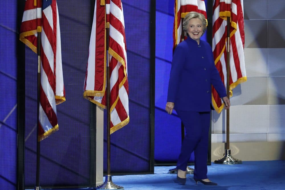 Democratic presidential nominee Hillary Clinton walks on stage after President Obama's speech at the DNC in Philadelphia. (J. Scott Applewhite/AP)