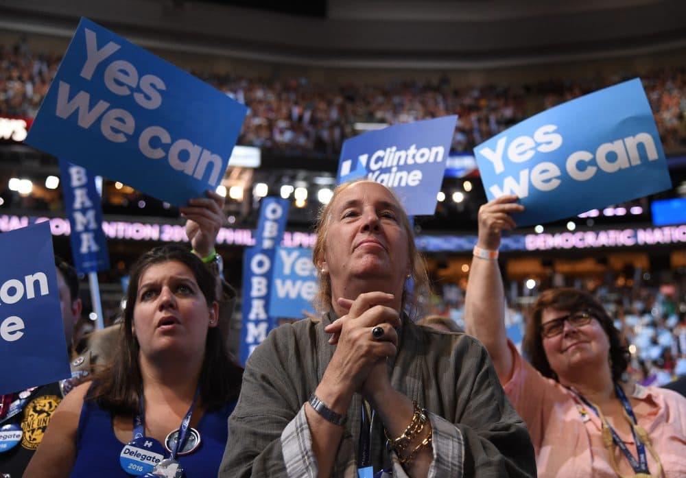 Delegates look on as President Barack Obama speaks during the third night of the Democratic National Convention at the Wells Fargo Center in Philadelphia on July 27, 2016. (Robyn Beck/AFP/Getty Images)