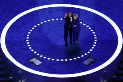 President Barack Obama and Democratic presidential nominee Hillary Clinton wave to the crowd on the third day of the Democratic National Convention at the Wells Fargo Center, July 27, 2016 in Philadelphia. (Chip Somodevilla/Getty Images)