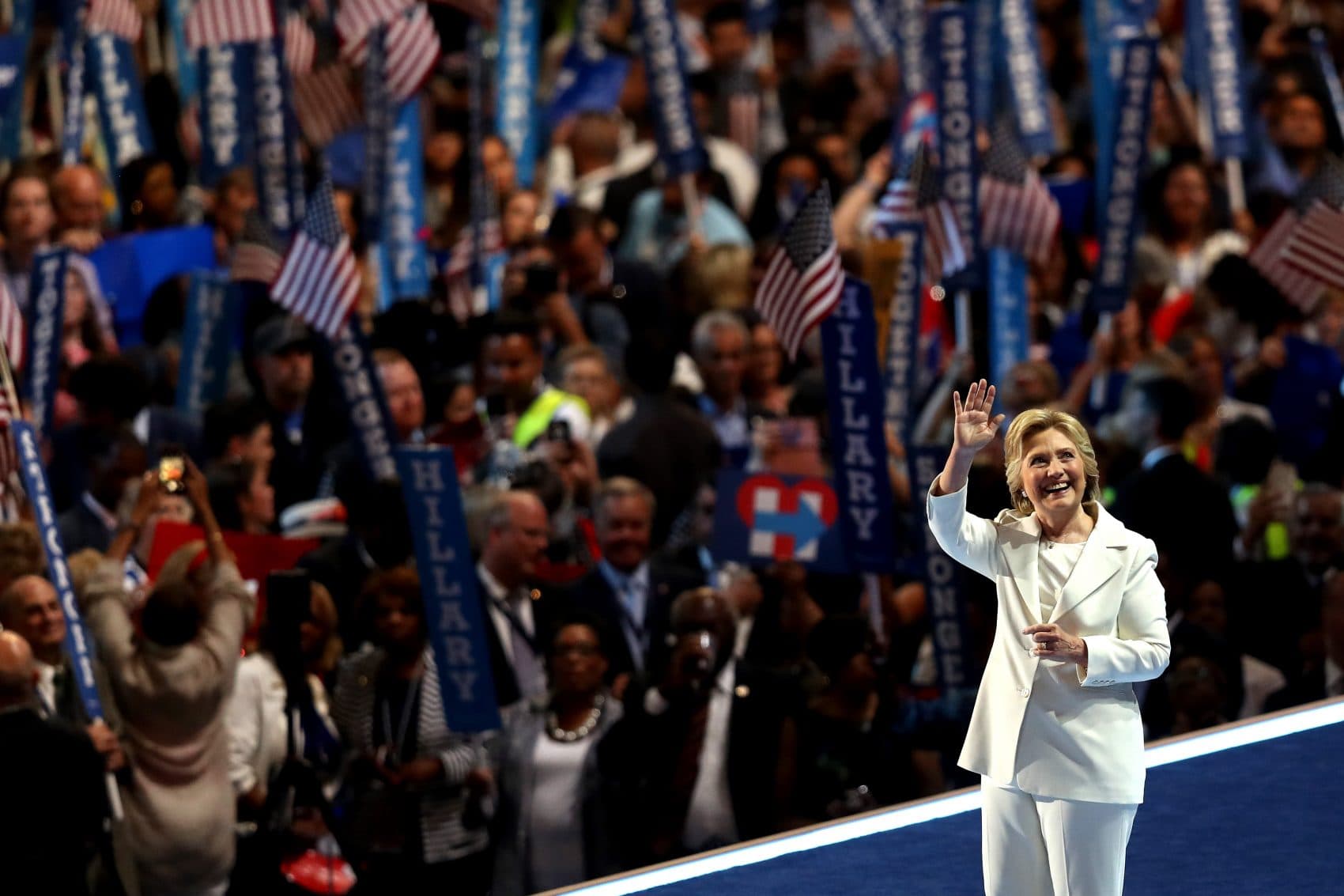 Democratic presidential nominee Hillary Clinton acknowledges the crowd at the end on the fourth day of the Democratic National Convention at the Wells Fargo Center, July 28, 2016 in Philadelphia. (Joe Raedle/Getty Images)