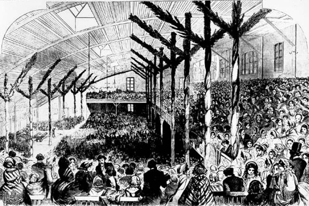 A sketch from Harpers' Weekly of the Wigwam interior during the 1860 Republican National Convention in Chicago, IL. (Creative Commons)