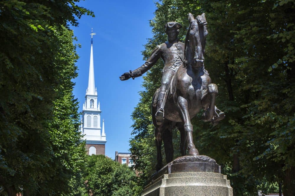 The Paul Revere statue at the Paul Revere Mall riding away from the Old North Church in the North End of Boston. (Jesse Costa/WBUR)