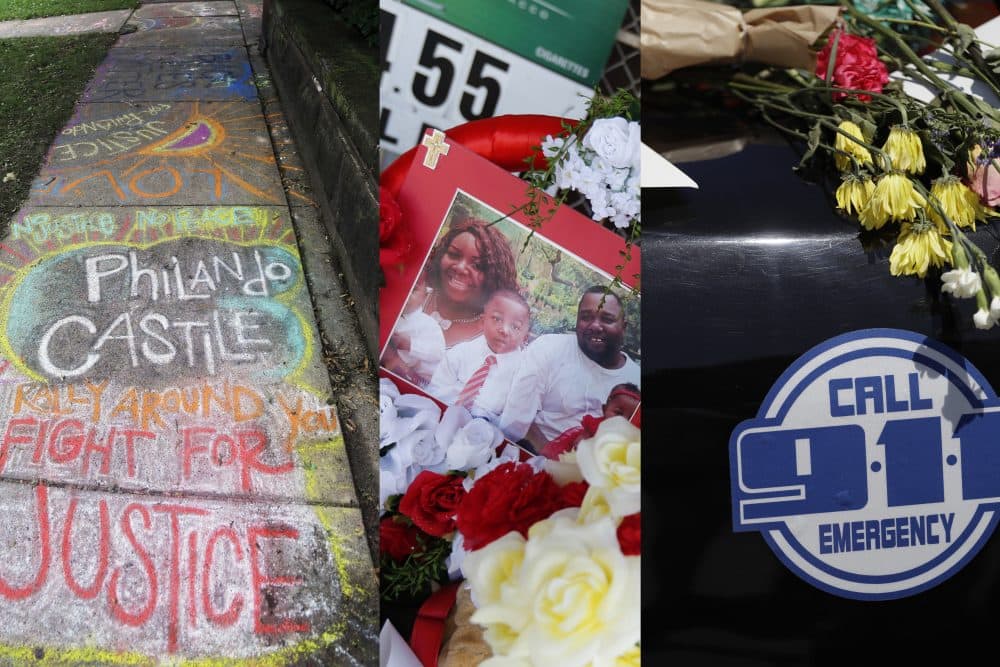 A chalk tribute to Philando Castile, photos of Alton Sterling at a makeshift memorial, and flowers rest on a patrol car at Dallas police headquarters. (Jim Mone, Gerald Herbert, Eric Gay/AP)