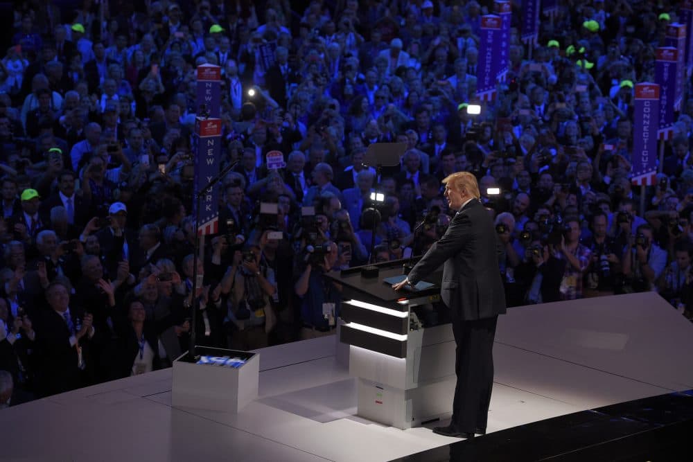 Republican presidential candidate Donald Trump takes the stage at the Republican National Convention in Cleveland Monday night to introduce his wife, Melania. (Mark J. Terrill/AP)