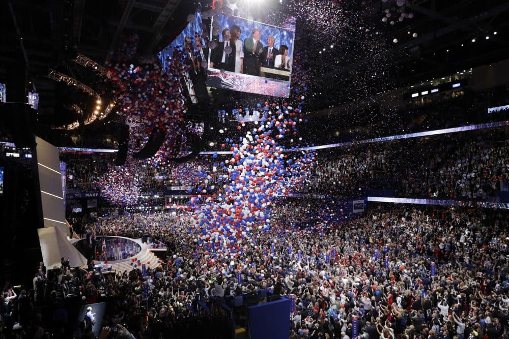 The balloons fall after Trump's speech accepting the GOP nomination for president. (John Locher/AP)