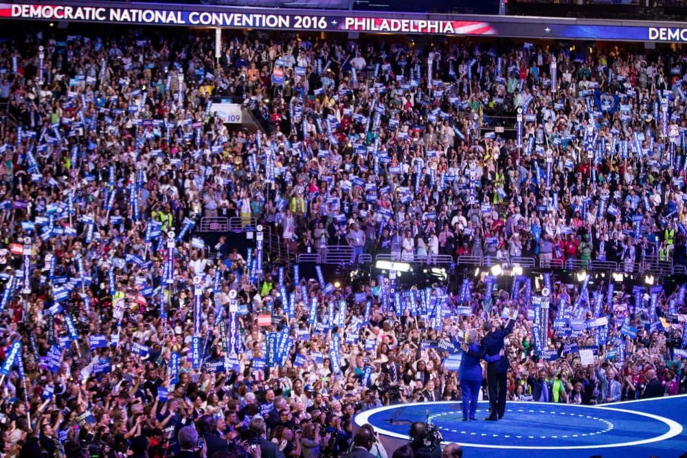 President Barack Obama and Democratic presidential candidate Hillary Clinton on stage at the DNC. (Andrew Harnik/AP)