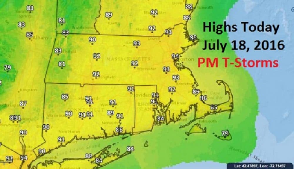 Expected highs for Monday, July 18. (David Goldbaum for WBUR)