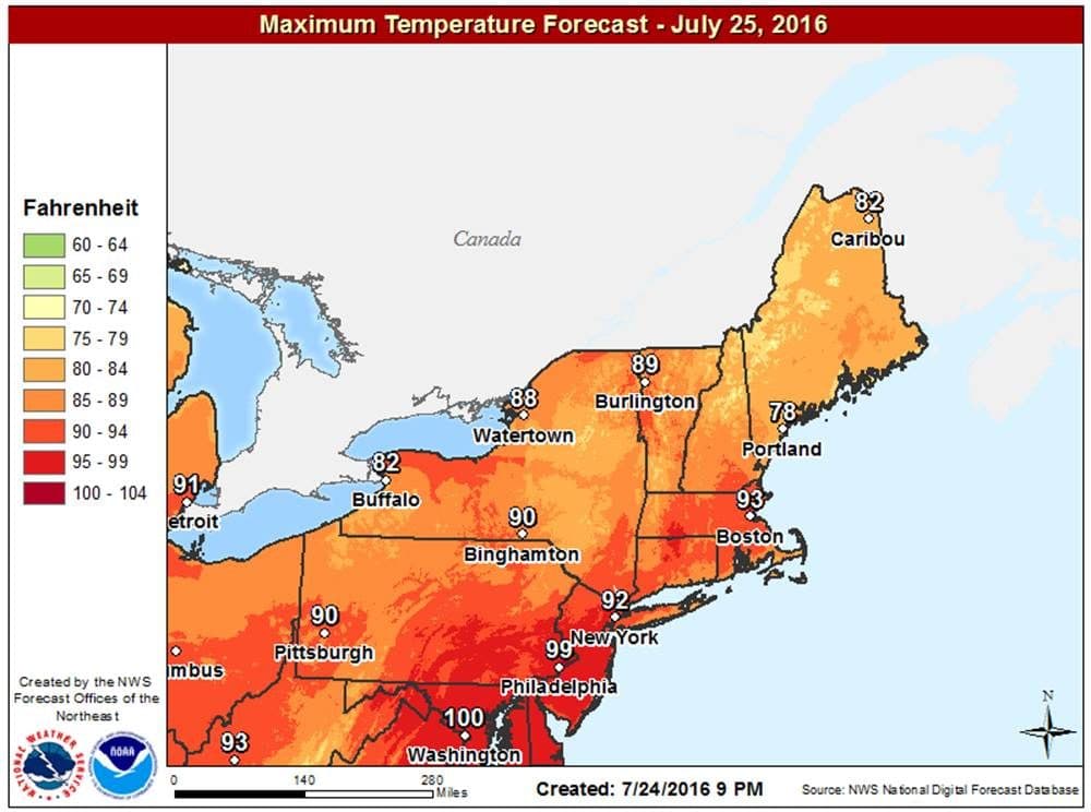 Expected highs for Monday, July 25. (David Epstein/WBUR)