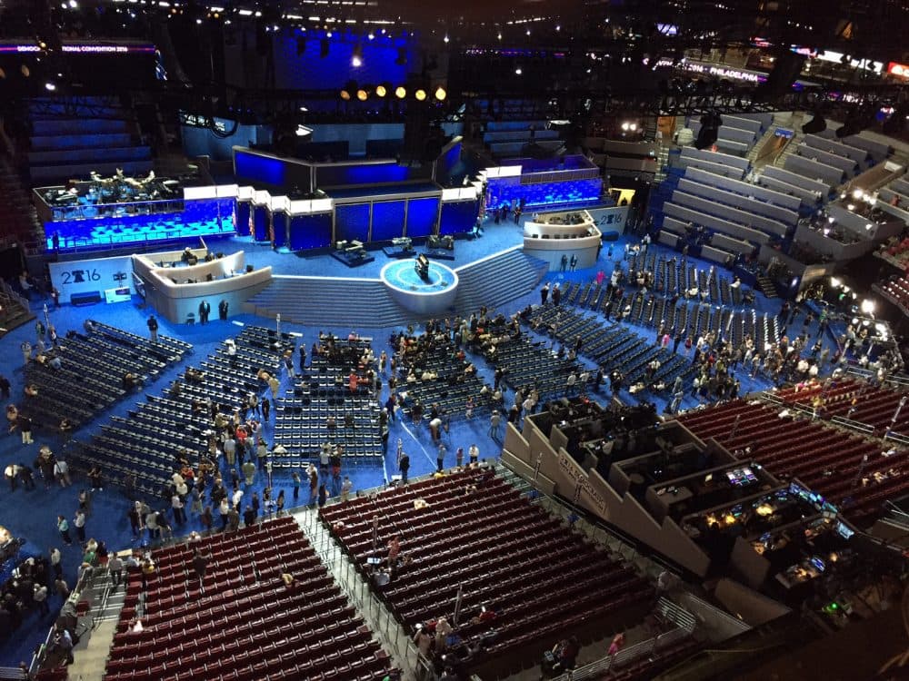 The view from above the Democratic National Convention floor at the Wells Fargo Center in Philadelphia on Tuesday afternoon. (Anthony Brooks) 