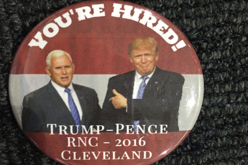 The Trump/Pence 2016 Ticket is the latest addition to Karen Shiffman's extensive political button collection. (Karen Shiffman/WBUR)
