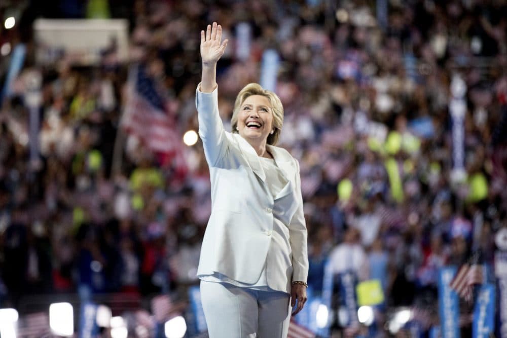 Democratic presidential candidate Hillary Clinton waves to the crowd as she takes the stage to speak during the fourth day session of the Democratic National Convention in Philadelphia on July 28. (Andrew Harnik/AP)