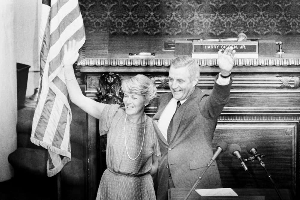 Rep. Geraldine Ferraro waves to the gallery of the Minnesota House of Representatives, Thursday, July 12, 1984 in St. Paul, Minn., after Walter Mondale announced her selection as his Vice-Presidential running mate. (AP Photo)
