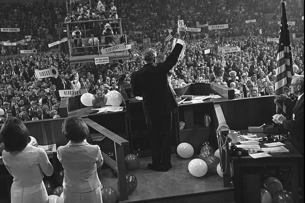 Arizona Senator Barry Goldwater waves to delegates at the Republican National Convention in San Francisco, July 16, 1964. (AP Photo)
