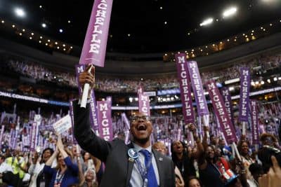 Delegates cheer as Former Democratic Presidential candidate, Sen. Bernie Sanders, I-Vt., speaks during the first day of the Democratic National Convention in Philadelphia. (Carolyn Kaster/AP)