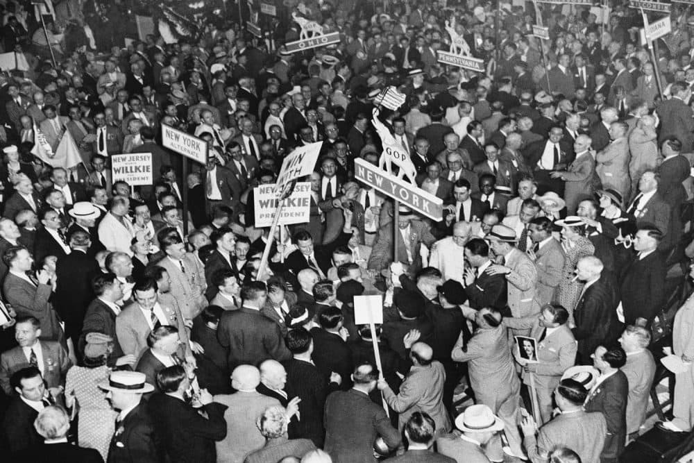 Demonstration which followed the placing of Wendell Wilkie in nomination for the Presidency in Philadelphia June 26, 1940 shows the battle which developed as Willkie adherents in the New York delegation tried to take the New York banner into the parade and Dewey friends to keep it out. (AP)