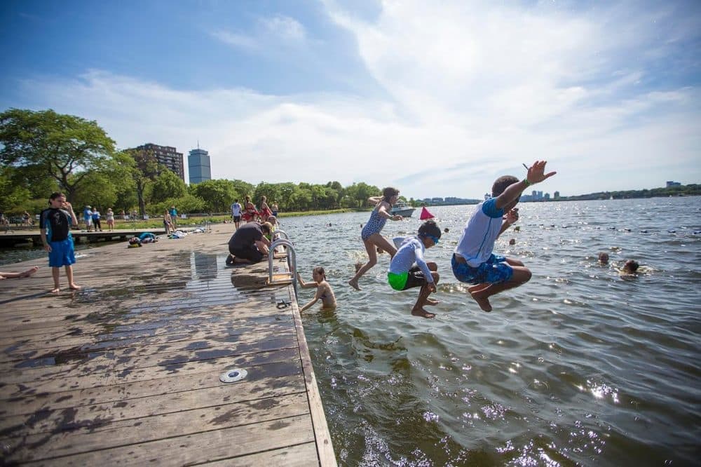 Swimmers take a dip during the fourth annual City Splash, hosted by the Charles River Conservancy, July 2016. (Jesse Costa/WBUR)