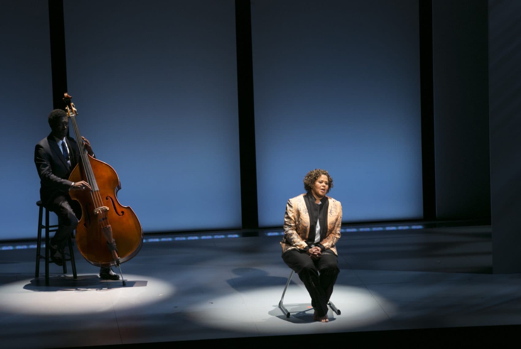 Marcus Shelby (left) accompanies Anna Deavere Smith in &quot;Notes from the Field: Doing Time in Education&quot; at the American Repertory Theater in Cambridge, Massachusetts. (Courtesy Evgenia Eliseeva/A.R.T.)