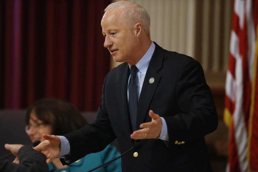 U.S. Rep. Mike Coffman, R-Colo, talks to witnesses during a House Veterans Affairs subcommittee field hearing on VA hospitals and prescription drugs for veterans Friday, May 20, 2016, in the State Capitol in Denver. (David Zalubowski/AP)