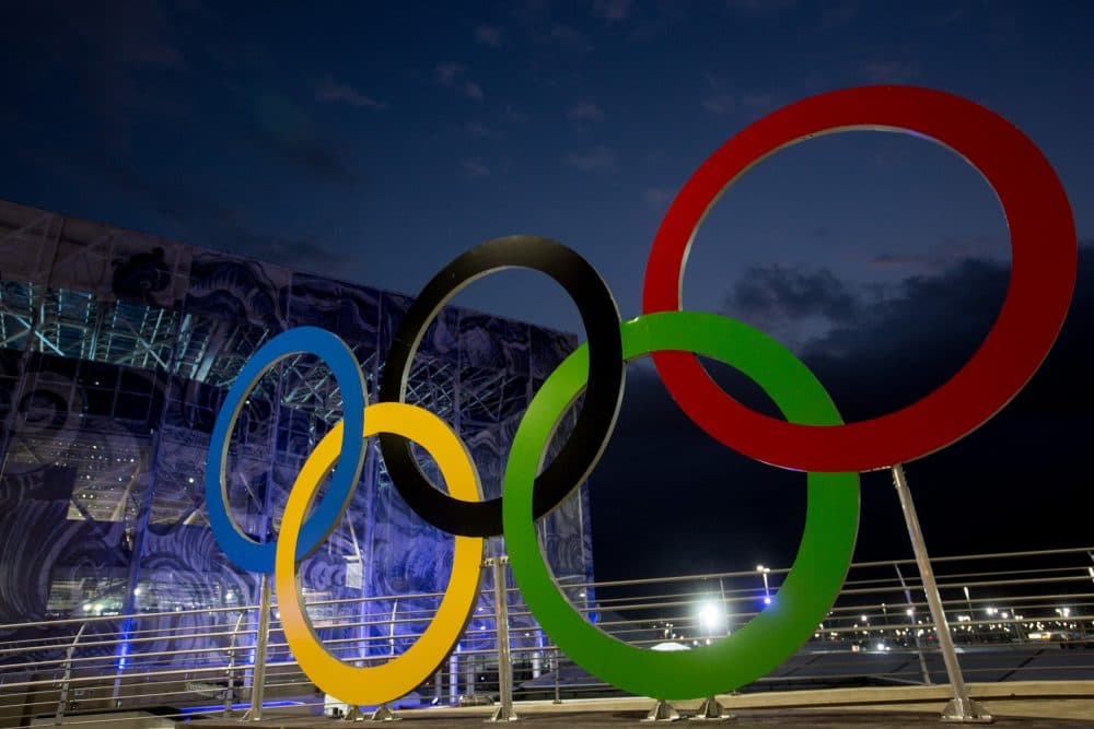 A set of newly installed Olympic Rings are seen outside the swimming venue at Olympic Park ahead of the Rio 2016 Olympic Games on Aug. 2, 2016 in Rio de Janeiro, Brazil. (Chris McGrath/Getty Images)