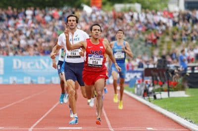 Leo Manzano crosses the finish line for the 800 meter competition at the 2014 DécaNation. (Pierre-Yves Beaudouin/Wikimedia Commons)