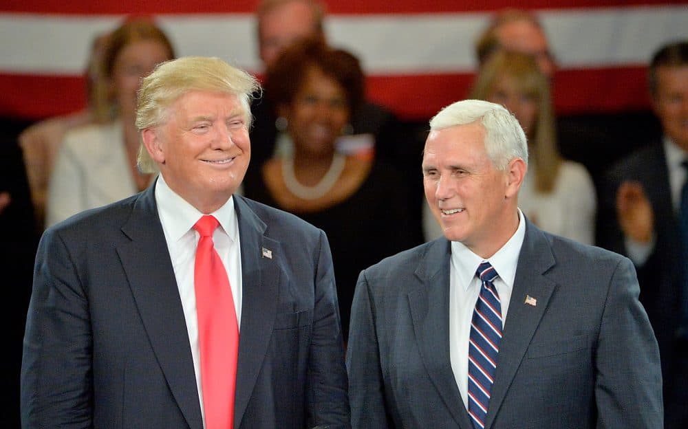 Republican presidential candidate Donald Trump (L) and Republican vice presidential candidate Mike Pence listen to cheers from the audience at the The Hotel Roanoke & Conference Center on July 25, 2016 in Roanoke, Virginia. (Sara D. Davis/Getty Images)