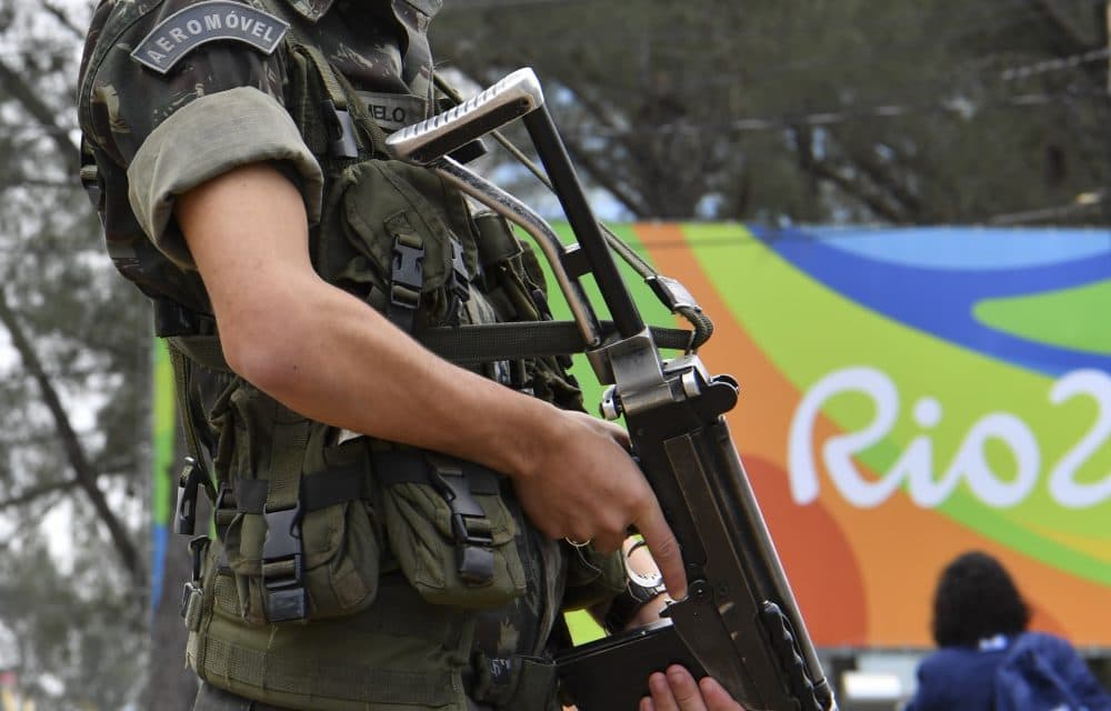A Brasilian soldier stands guard near the Riocentro complex in Rio de Janeiro, on Aug. 3, 2016, ahead of the Rio 2016 Olympic Games. (Yuri Cortez/AFP/Getty Images)