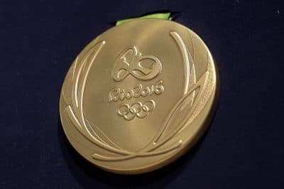 A close-up of the Olympic gold medal for the 2016 Summer Games in Rio. (Alexandre Loureiro/Getty Images)