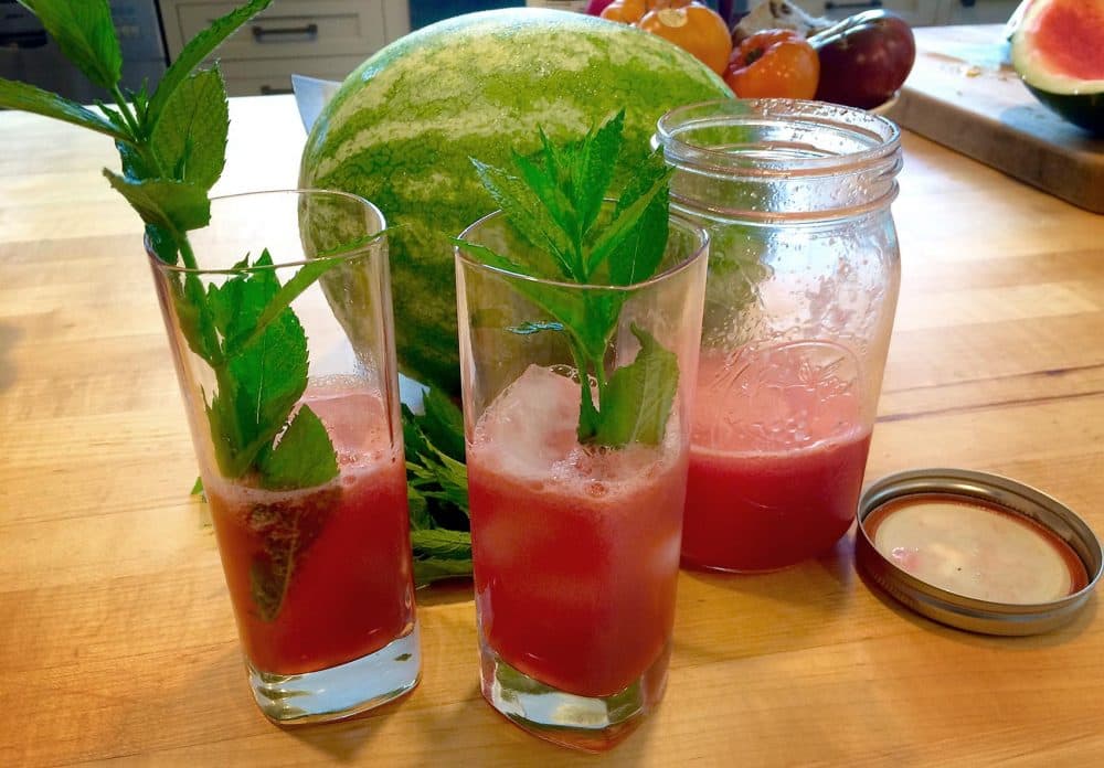 Glasses with Kathy's watermelon agua fresca. (Kathy Gunst for Here & Now)