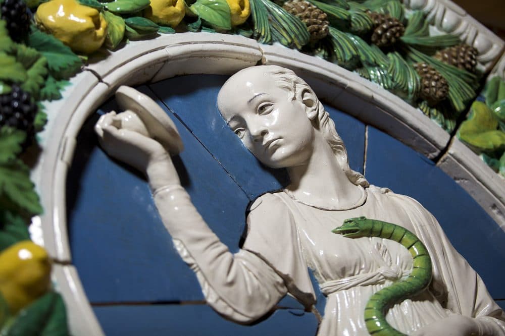 A detail of Andrea Della Robbia's Prudence, 1476 glazed terracotta, prior to it's installation. (Jesse Costa/WBUR)