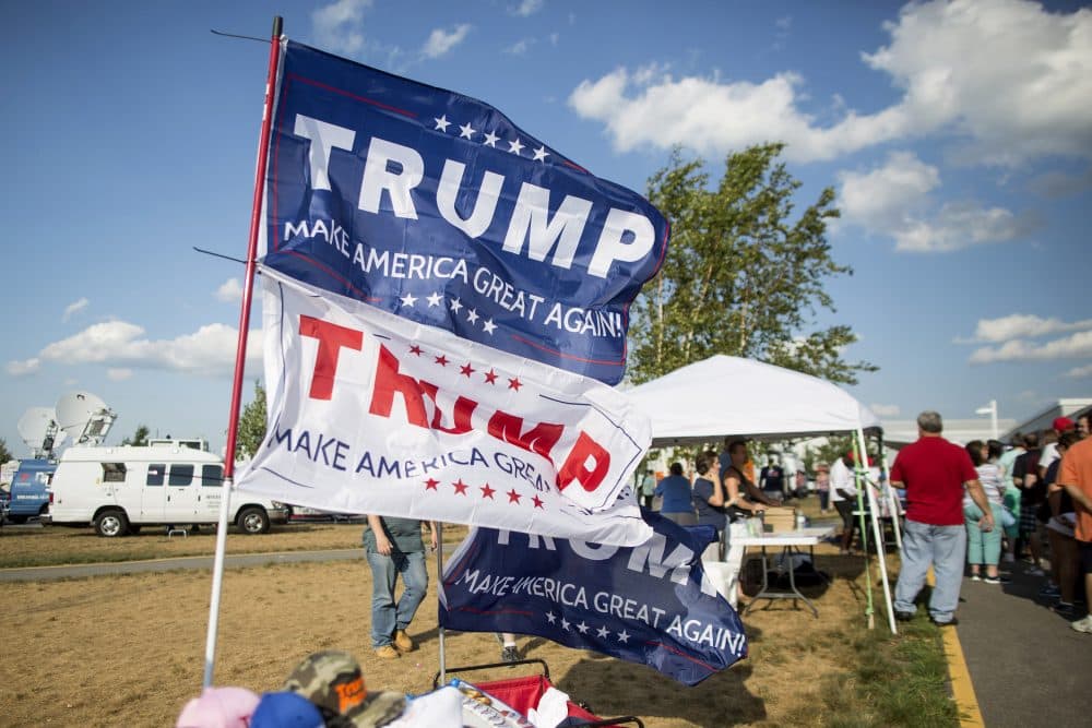 Flags for Republican presidential candidate Donald Trump fly outside his rally at Windham High School on Aug. 6, 2016 in Windham, New Hampshire. (Scott Eisen/Getty Images)