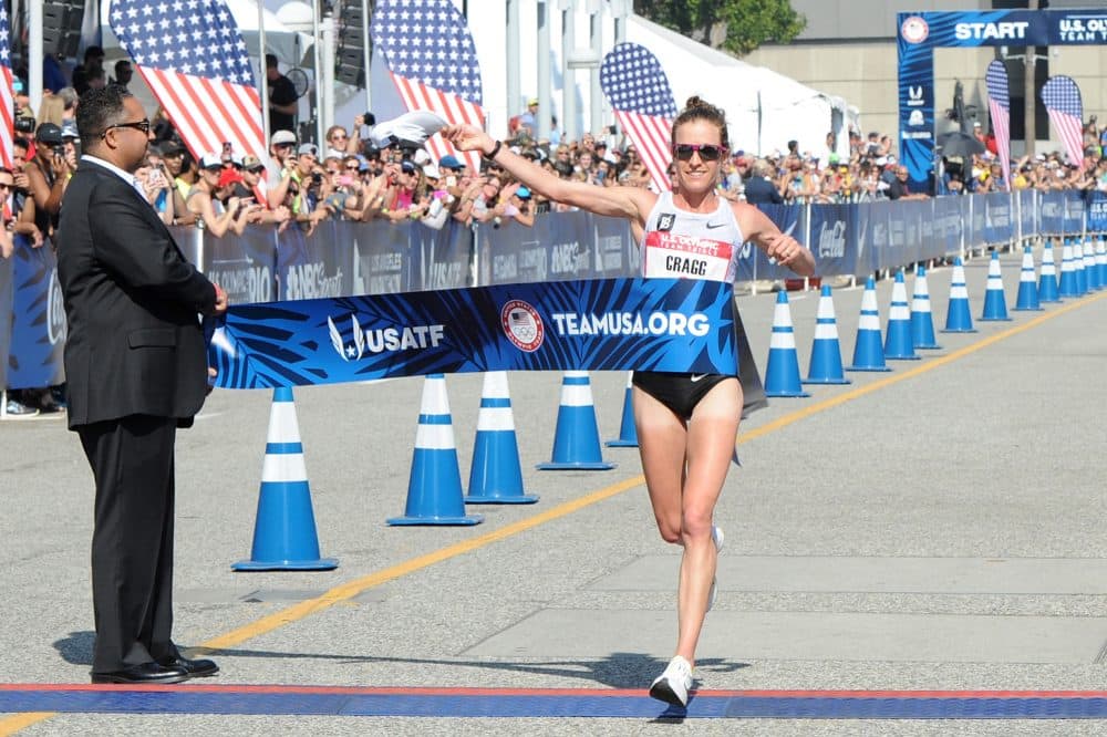 Amy Cragg finishes first at the U.S. Olympic Team Trials Women's Marathon on Feb. 13, 2016 in Los Angeles, California. (Joshua Blanchard/Getty Images)