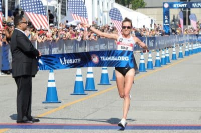 Amy Cragg finishes first at the U.S. Olympic Team Trials Women's Marathon on Feb. 13, 2016 in Los Angeles, California. (Joshua Blanchard/Getty Images)