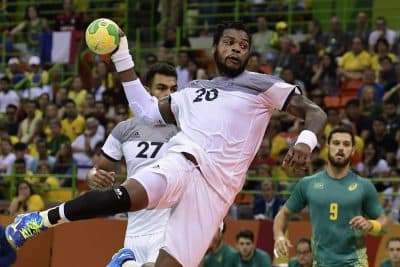France's pivot Cedric Sorhaindo jumps to shoot during the men's quarterfinal handball match Brazil vs France for the Rio 2016 Olympics Games in Rio on Aug. 17, 2016. (Javier Soriano/AFP/Getty Images)