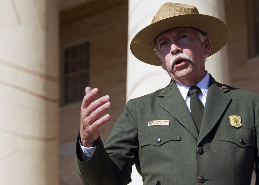 National Park Service Director Jonathan Jarvis speaks at the historical Arlington House at Arlington National Cemetery in Arlington, Virginia. (Cliff Owen/AP)