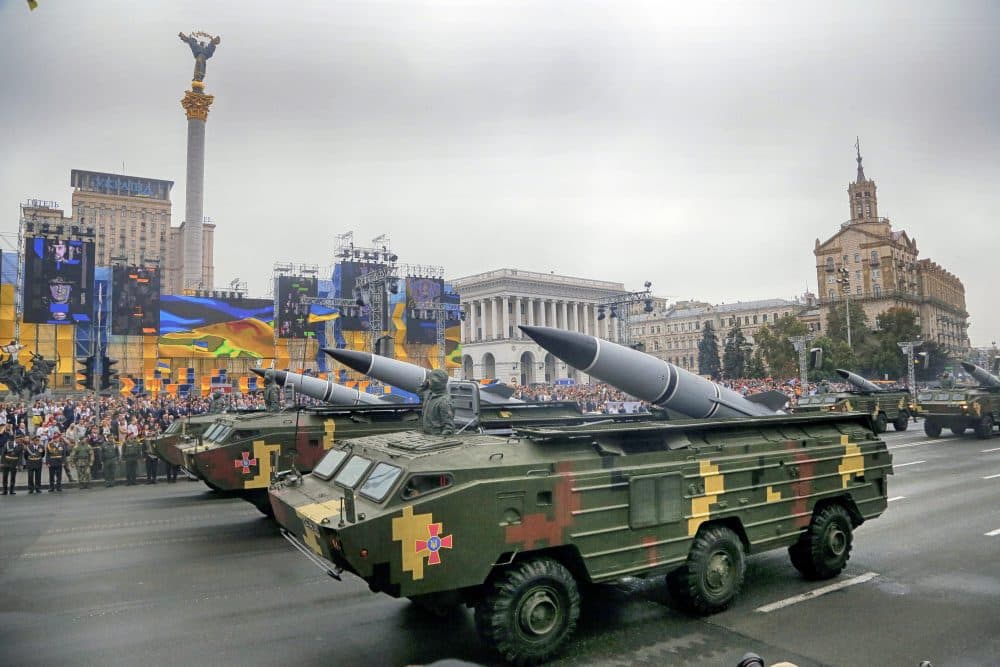 Ukrainian military vehicles pass down Kiev's main street during a military parade to mark the 25th anniversary of Ukraine's Independence, in the capital Kiev, Ukraine, Wednesday, Aug. 24, 2016. (Efrem Lukatsky/AP)