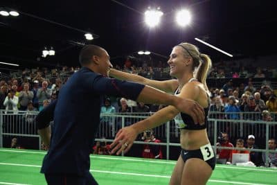 Brianne Theisen Eaton of Canada is congratulated by her husband Ashton Eaton of the United States after winning the gold medal after the Women's Pentathlon 800 metres at the IAAF World Indoor Championships on March 18, 2016 in Portland, Oregon. (Ian Walton/Getty Images for IAAF)