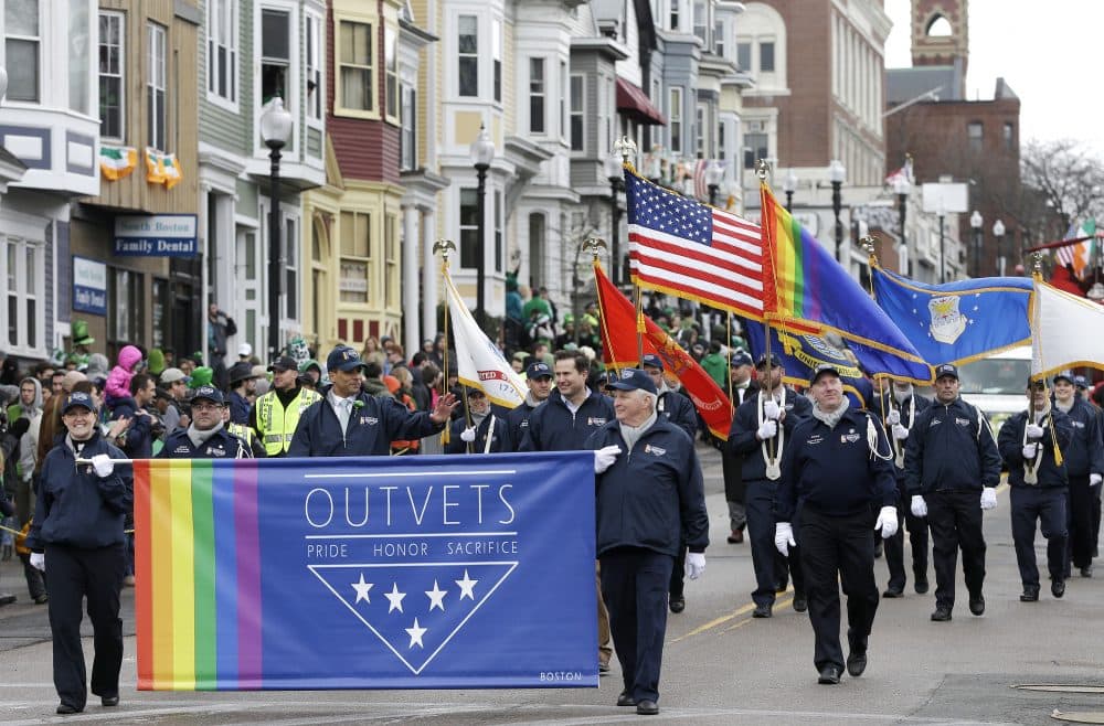 Members of OutVets, a group of gay military veterans, march in South Boston's 2015 St. Patrick's Day parade. Until 2015, gay rights groups had been barred by the South Boston Allied War Veterans Council from marching in the parade. (Steven Senne/AP)