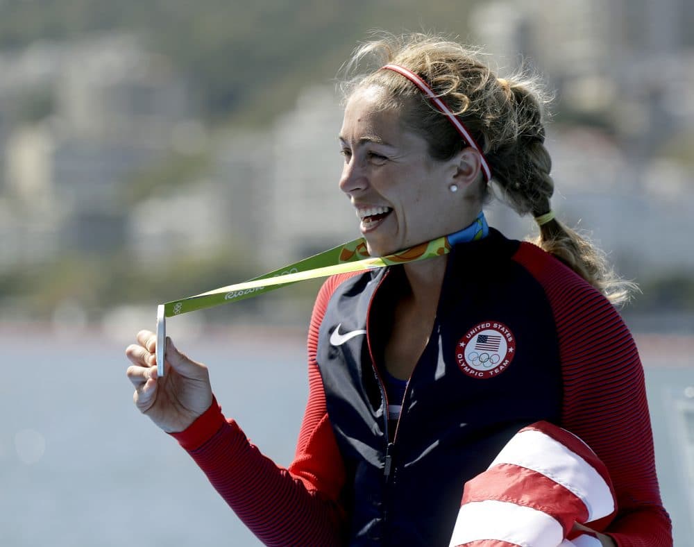 Genevra &quot;Gevvie&quot; Stone, of Newton, smiles after receiving her silver medal in the women's single sculls during the 2016 Summer Olympics in Rio de Janeiro, Brazil, Saturday, Aug. 13, 2016. (Luca Bruno/AP)