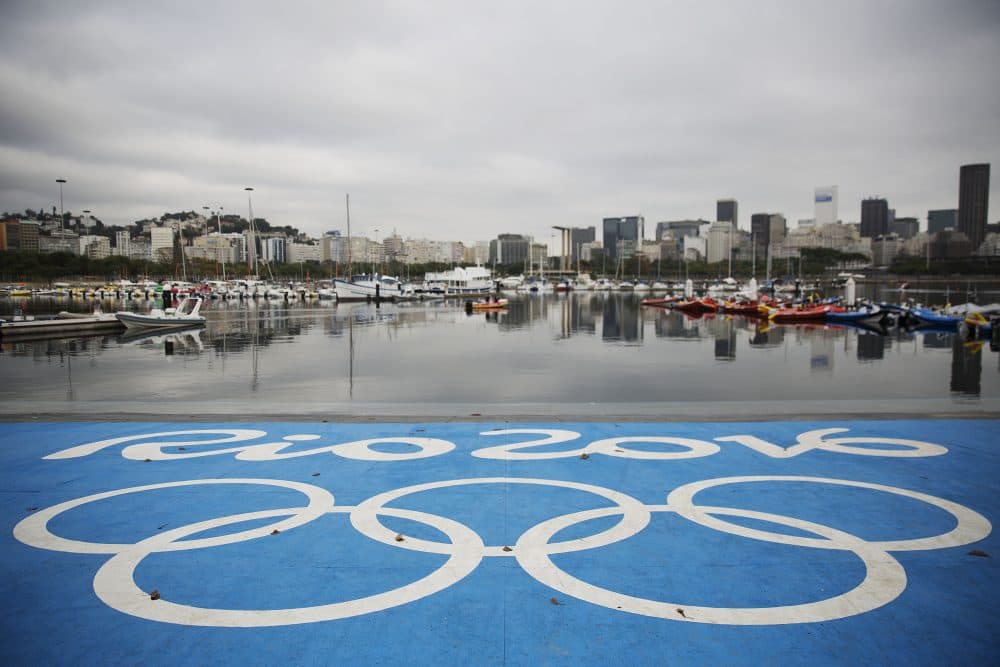The Olympic rings decorate a launching dock at the sailing venue in Rio de Janeiro, Brazil. (David Goldman/AP)