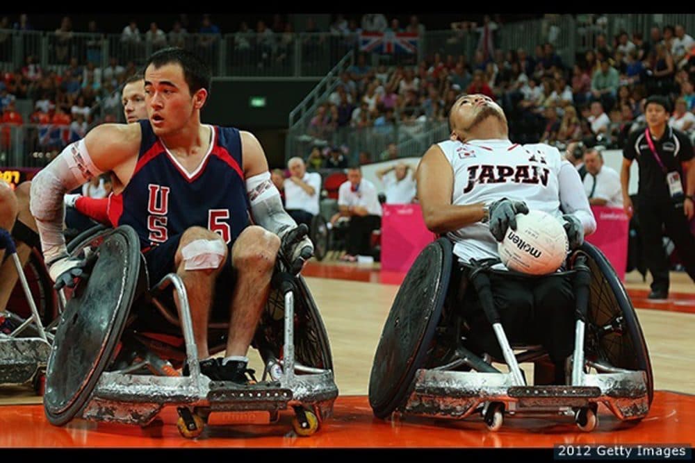 Chuck Aoki #5 of the United States and Shin Nakazato #11 of Japan in action during the Bronze Medal match of Mixed Wheelchair Rugby on day 11 of the London 2012 Paralympic Games at Basketball Arena on September 9, 2012 in London, England. (Mike Ehrmann/Getty)